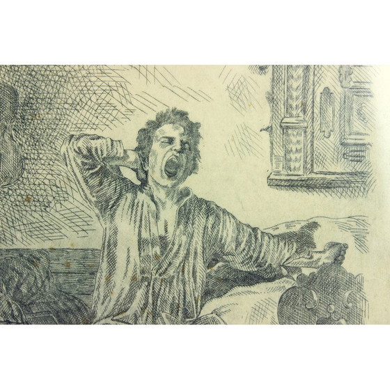 Image 1 of Vintage wall decoration of a boy waking up from his black wooden frame bed, Czechoslovakia