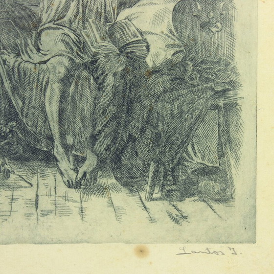Image 1 of Vintage wall decoration of a boy waking up from his black wooden frame bed, Czechoslovakia