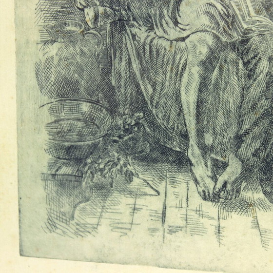 Image 1 of Vintage wall decoration of a boy waking up from his black wooden frame bed, Czechoslovakia