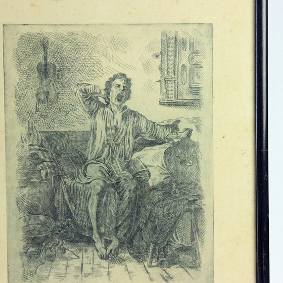 Image 1 of Vintage wall decoration of a boy waking up from his black wooden frame bed, Czechoslovakia