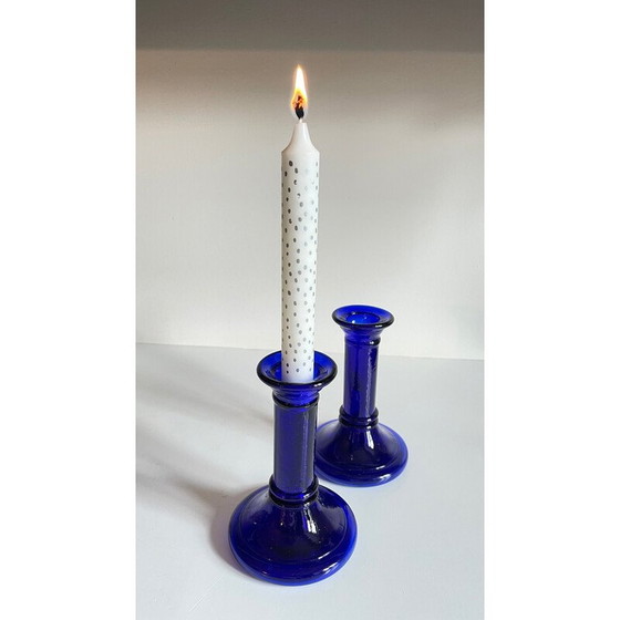 Image 1 of Pair of vintage blue glass candlesticks