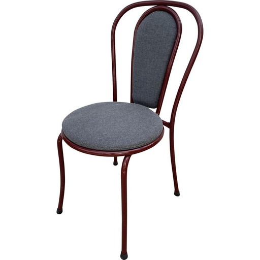 Vintage bistro restaurant chair in burgundy metal and grey fabric, 1990