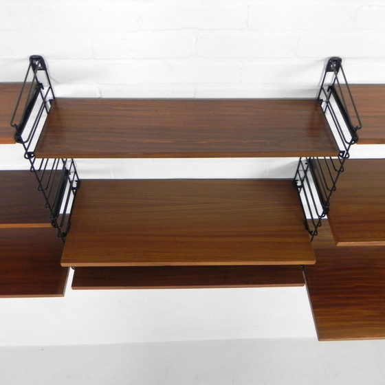 Image 1 of 3 PIECE TOMADO WALL RACK, BOOK RACK WITH 4 STEEL FRAMES AND 9 TEAK SHELVES