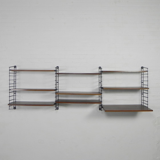 Image 1 of 3 PIECE TOMADO WALL RACK, BOOK RACK WITH 4 STEEL FRAMES AND 9 TEAK SHELVES