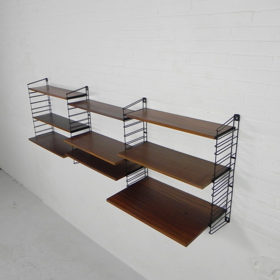 Image 1 of 3 PIECE TOMADO WALL RACK, BOOK RACK WITH 4 STEEL FRAMES AND 9 TEAK SHELVES