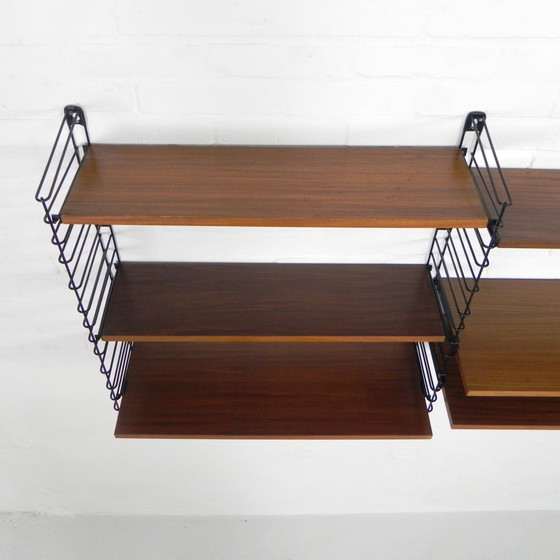 Image 1 of 3 PIECE TOMADO WALL RACK, BOOK RACK WITH 4 STEEL FRAMES AND 9 TEAK SHELVES