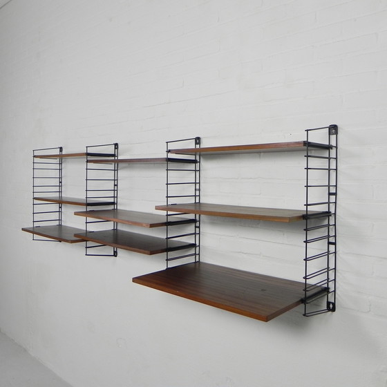 Image 1 of 3 PIECE TOMADO WALL RACK, BOOK RACK WITH 4 STEEL FRAMES AND 9 TEAK SHELVES