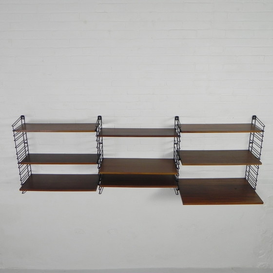 Image 1 of 3 PIECE TOMADO WALL RACK, BOOK RACK WITH 4 STEEL FRAMES AND 9 TEAK SHELVES