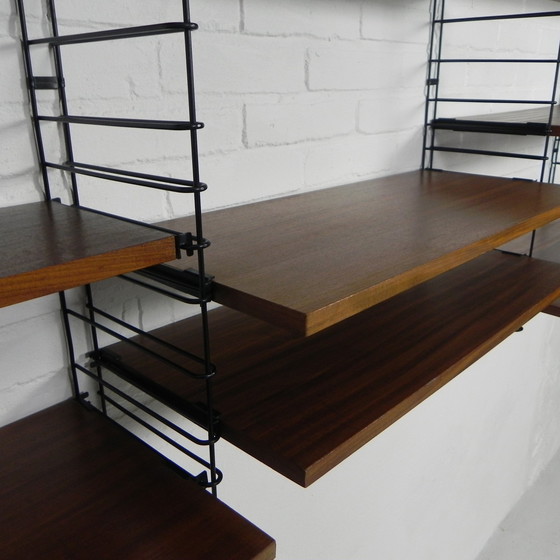 Image 1 of 3 PIECE TOMADO WALL RACK, BOOK RACK WITH 4 STEEL FRAMES AND 9 TEAK SHELVES