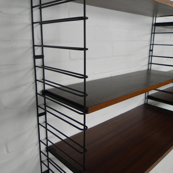 Image 1 of 3 PIECE TOMADO WALL RACK, BOOK RACK WITH 4 STEEL FRAMES AND 9 TEAK SHELVES