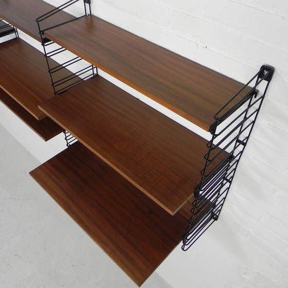 Image 1 of 3 PIECE TOMADO WALL RACK, BOOK RACK WITH 4 STEEL FRAMES AND 9 TEAK SHELVES