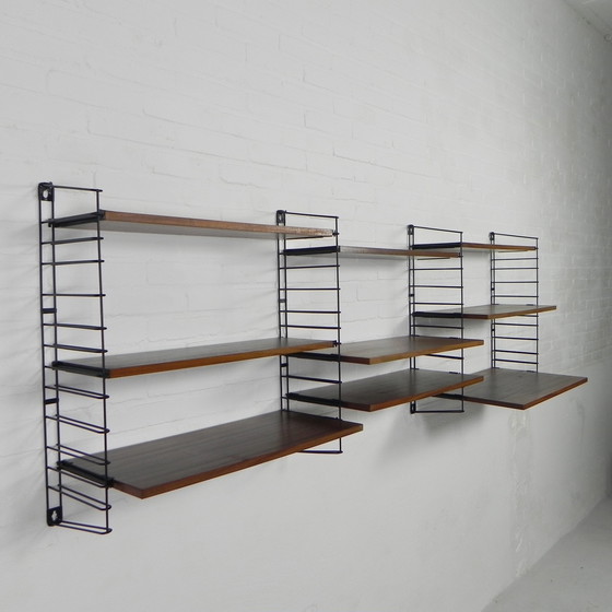 Image 1 of 3 PIECE TOMADO WALL RACK, BOOK RACK WITH 4 STEEL FRAMES AND 9 TEAK SHELVES