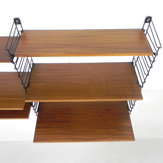 Image 1 of 3 PIECE TOMADO WALL RACK, BOOK RACK WITH 4 STEEL FRAMES AND 9 TEAK SHELVES