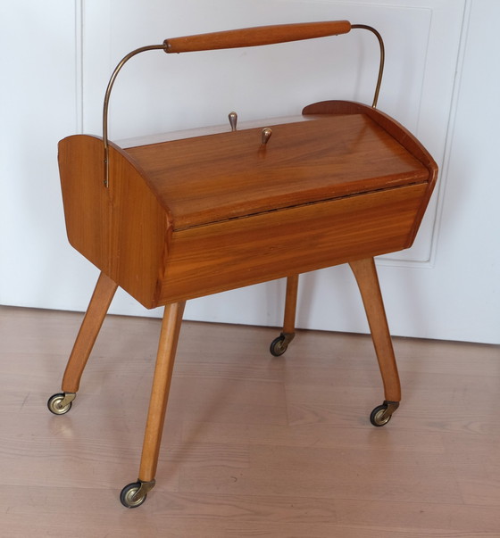 Image 1 of 50 sewing box on wheels Cherry wood sewing box