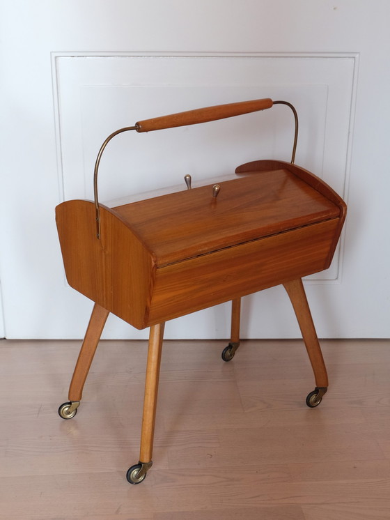 Image 1 of 50 sewing box on wheels Cherry wood sewing box