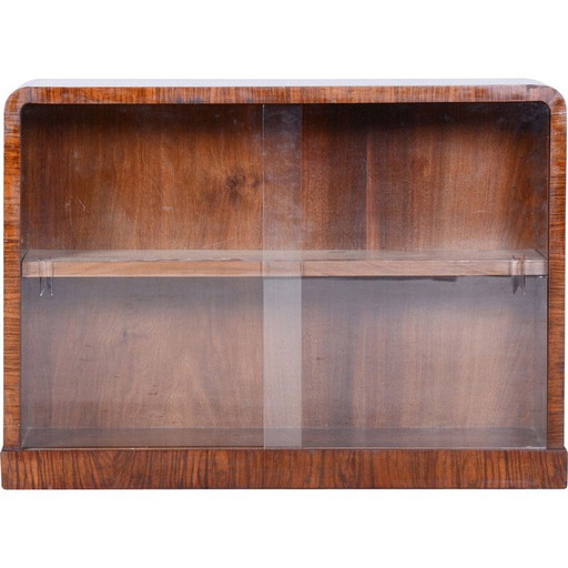 Vintage Art Deco walnut and glass display bookcase, Czechoslovakia 1930