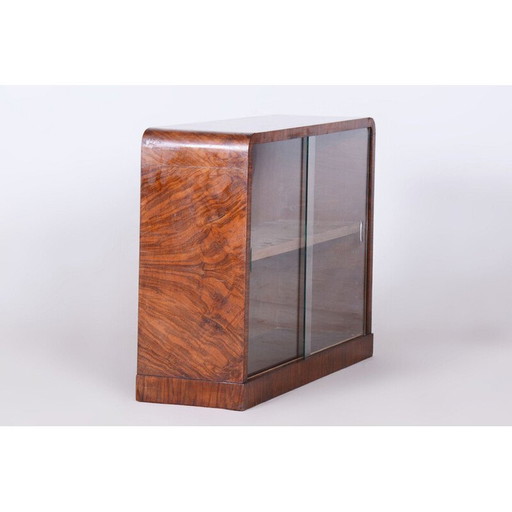Vintage Art Deco walnut and glass display bookcase, Czechoslovakia 1930
