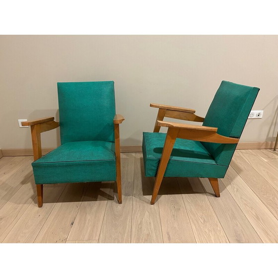 Image 1 of Pair of vintage armchairs in blond oak, 1950
