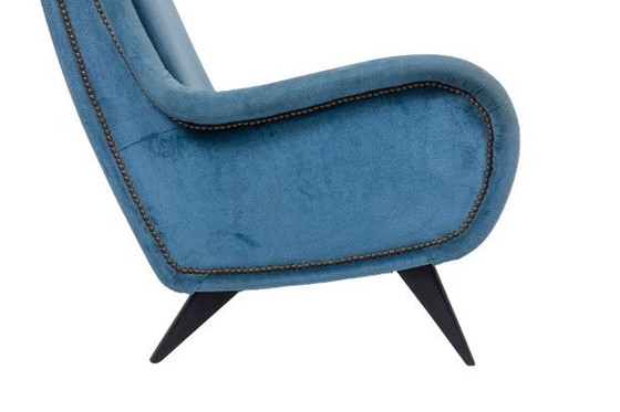 Image 1 of Blue Velvet Armchair, Beech Legs. Circa 1950.
