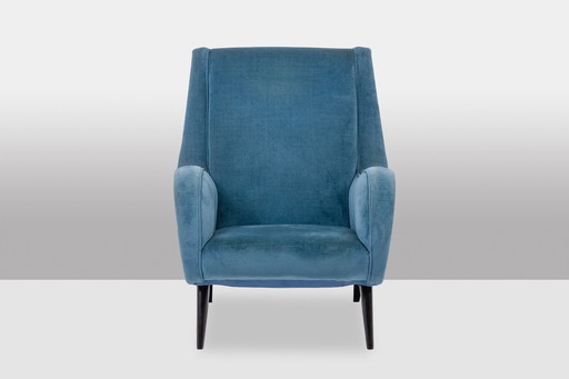 Blue Velvet Armchair, Beech Legs. Circa 1950.