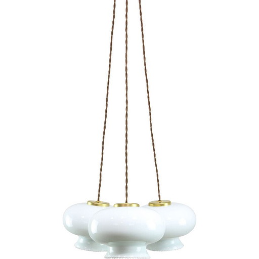 Set of 3 vintage pendant lamp in opaline glass and brass, Italy