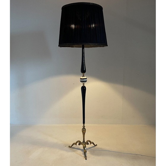 Image 1 of Vintage brass, onyx and burnished wood floor lamp with fabric shade, Italy 1950s