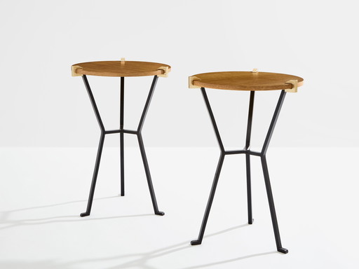 Garouste & Bonetti solid oak and wrought iron gueridon tables 1995