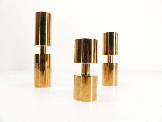 Image 1 of 3 Scandinavian Solid Brass Candleholders Thelma Zoega 1976