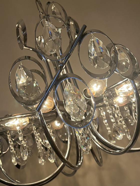 Image 1 of Lampadario Space Age anni '60 con struttura cromata e cristallo, in perfette condizioni