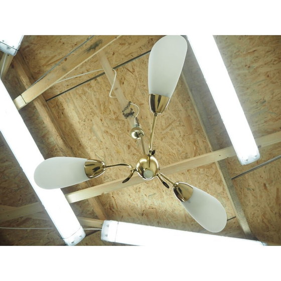 Image 1 of Vintage brass and glass chandelier, Czechoslovakia 1960