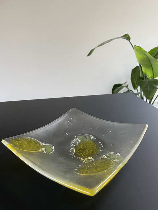 Square Glass Bowl With Lemon Decoration - Glass Art