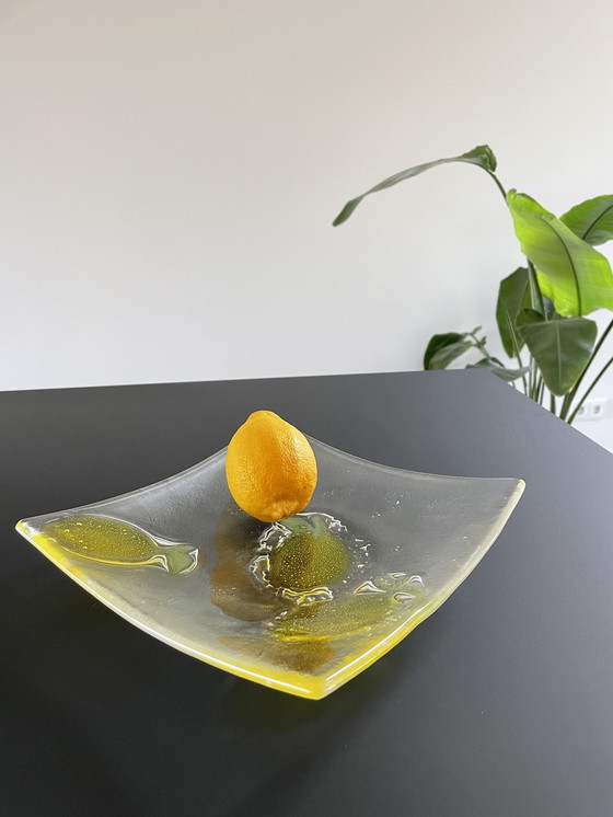 Image 1 of Square Glass Bowl With Lemon Decoration - Glass Art