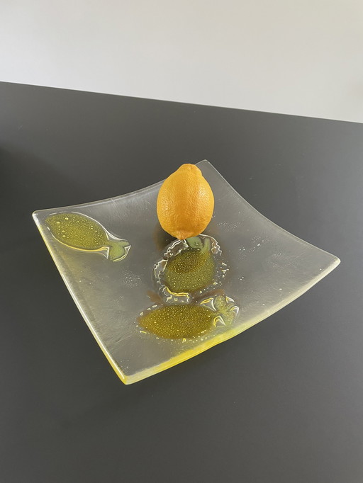 Square Glass Bowl With Lemon Decoration - Glass Art