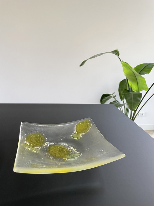 Square Glass Bowl With Lemon Decoration - Glass Art