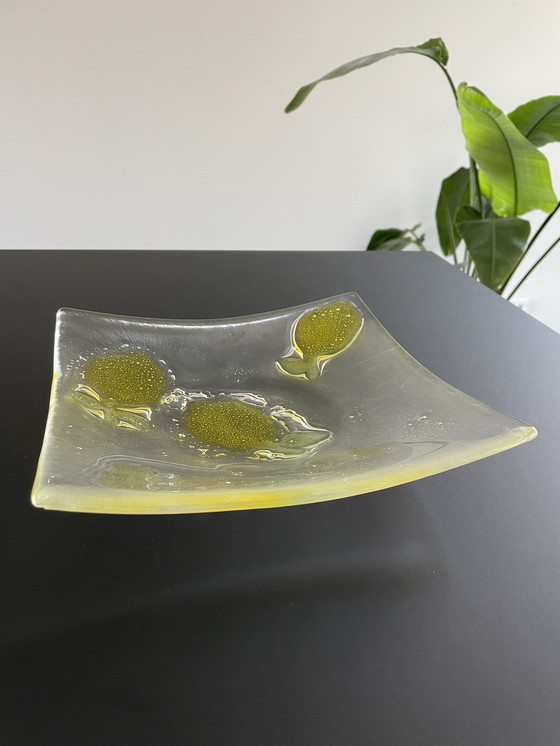 Image 1 of Square Glass Bowl With Lemon Decoration - Glass Art