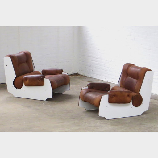 Set of two lounge armchairs in leather