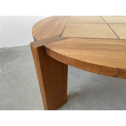 Vintage coffee table in solid elm and ceramic for Maison Regain, 1970