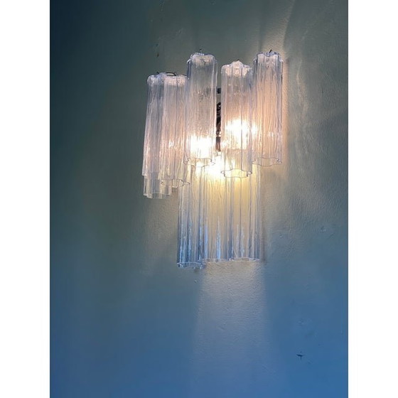 Image 1 of Contemporary Light-Blue “Tronchi” Murano Glass Wall Sconces In Venini Style - A Pair