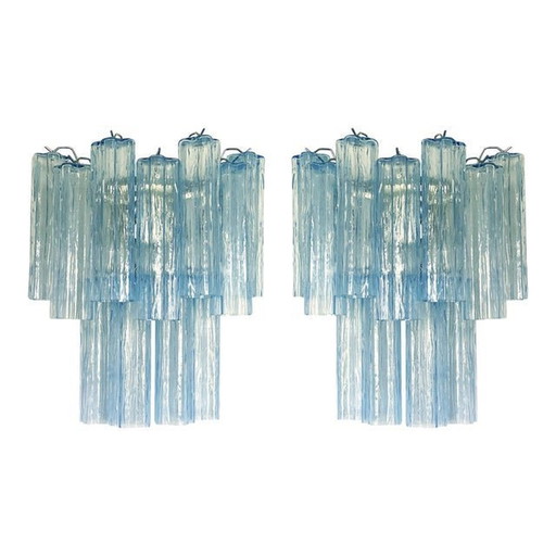 Contemporary Light-Blue “Tronchi” Murano Glass Wall Sconces In Venini Style - A Pair