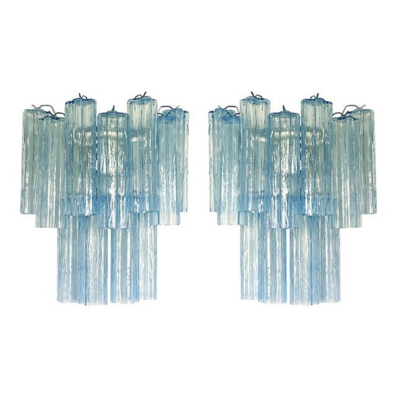 Image 1 of Contemporary Light-Blue “Tronchi” Murano Glass Wall Sconces In Venini Style - A Pair