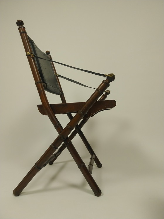 Image 1 of Folding Officers Chair Of Leather And Teak In Colonial Style