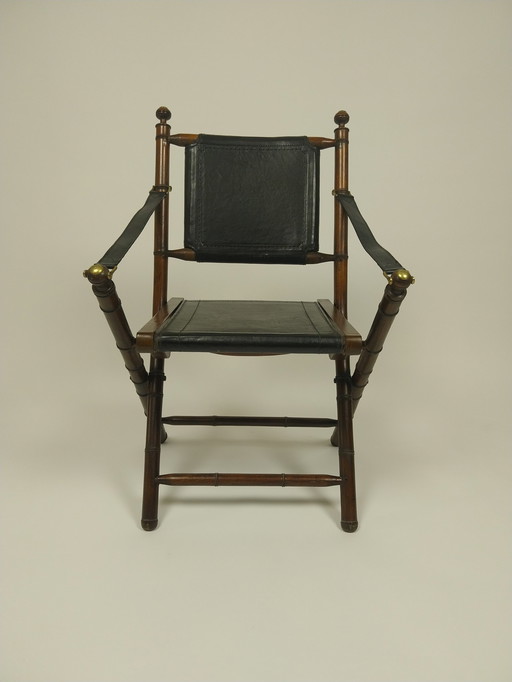 Folding Officers Chair Of Leather And Teak In Colonial Style