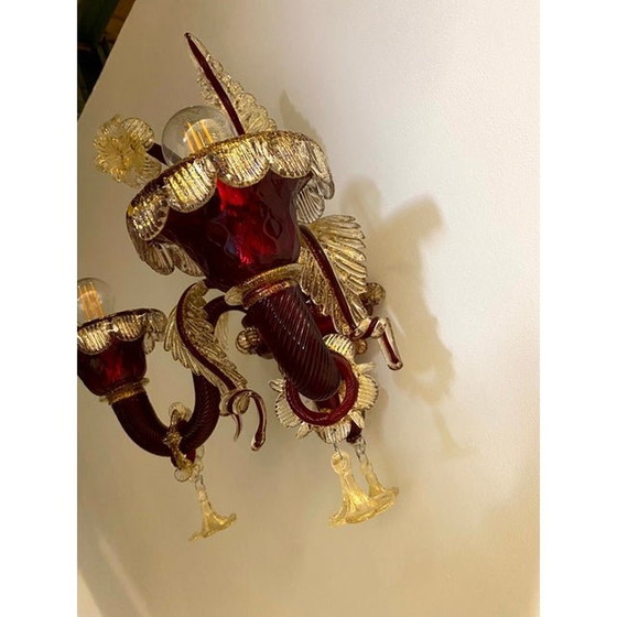 Image 1 of Contemporary Floral Venetian Black And Gold-Leaf Murano Glass Wall Sconce