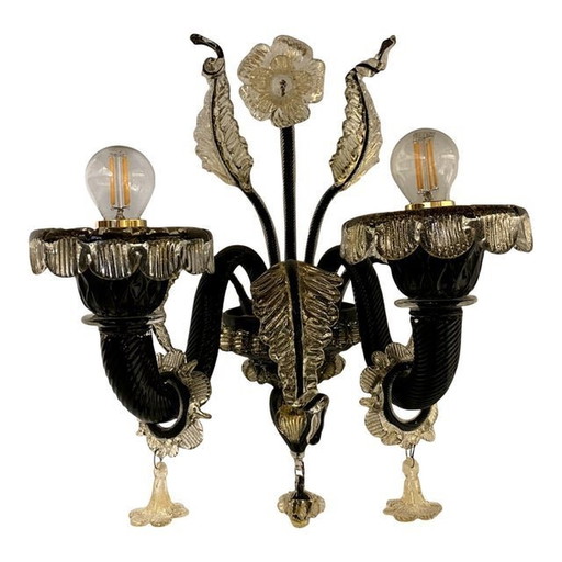 Contemporary Floral Venetian Black And Gold-Leaf Murano Glass Wall Sconce