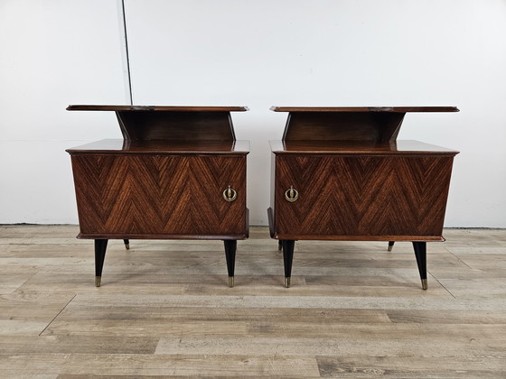 Image 1 of 60S Design Bedside Tables In Mahogany And Brass