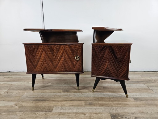 60S Design Bedside Tables In Mahogany And Brass