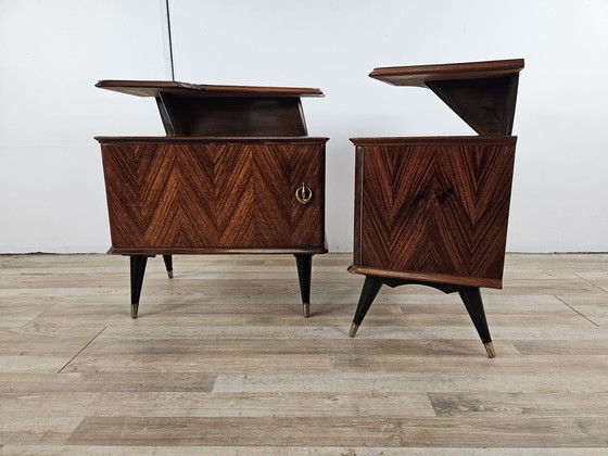 Image 1 of 60S Design Bedside Tables In Mahogany And Brass