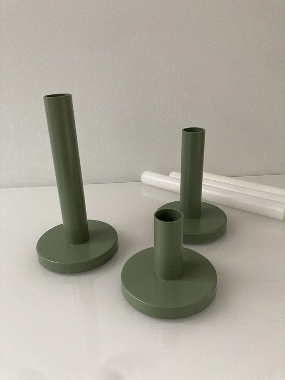 Image 1 of Set Of Three Modern Olive Green Candlesticks