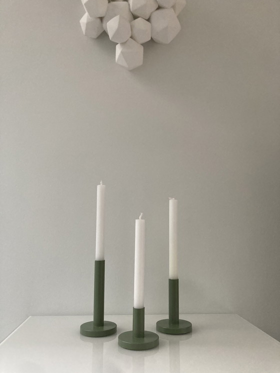 Image 1 of Set Of Three Modern Olive Green Candlesticks