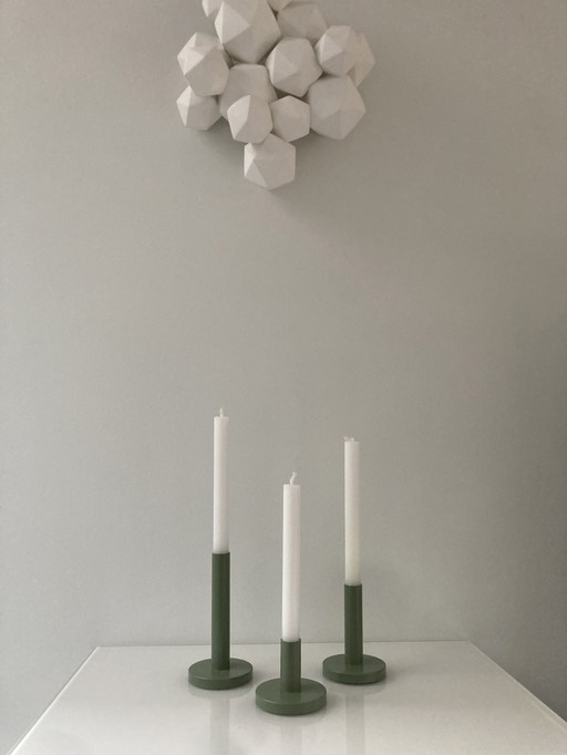 Set Of Three Modern Olive Green Candlesticks